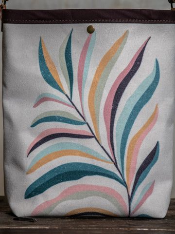 Ready to Ship | Canvas and Leather Tote Bag Colorful Fern | Handprinted | In Blue + Camp Blue collab