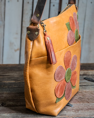 LIMITED RUN Eco-friendly Marie Leather Bag | Curved boho with Tassel | FLOWER POWER