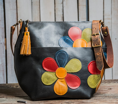 LIMITED RUN Eco-friendly Marie Leather Bag | Curved boho style BLACK with Tassel | FLOWER POWER BLACK