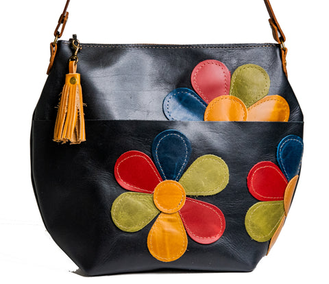 LIMITED RUN Eco-friendly Marie Leather Bag | Curved boho style BLACK with Tassel | FLOWER POWER BLACK