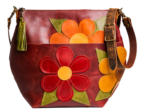 LIMITED RUN Eco-friendly Marie Leather Bag | Curved boho style merlot with Tassel | FLOWER POWER MERLOT