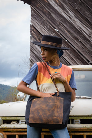 Tote Bag with Leather Pocket – In Blue Handmade