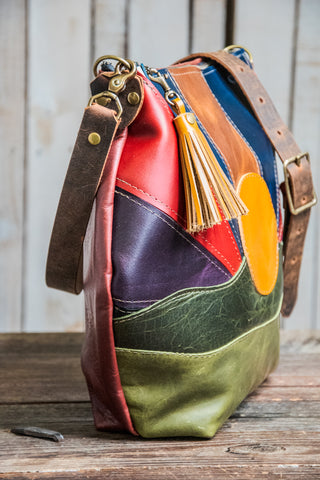 LIMITED EDITION Patchwork Printed Boho Curved Leather Tote Bag | Only a few Available | Lined with Zipper and Tassel