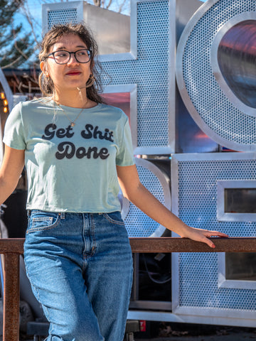 Handprinted T-shirt | Camp Blue | Get Shit Done | Dusty Blue |  Flowy Crop