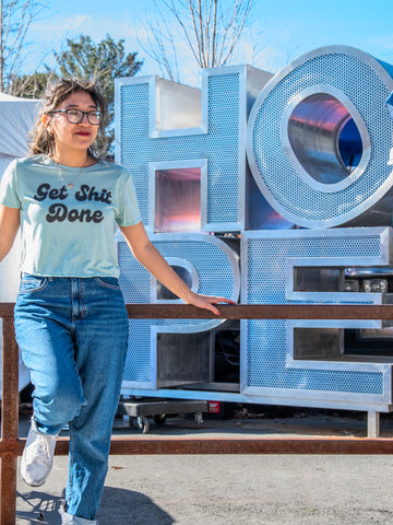 Handprinted T-shirt | Camp Blue | Get Shit Done | Dusty Blue |  Flowy Crop