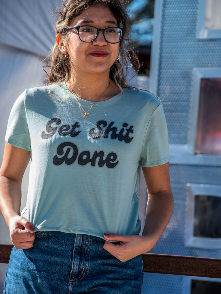 Handprinted T-shirt | Camp Blue | Get Shit Done | Dusty Blue |  Flowy Crop