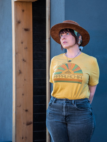 Handprinted T-shirt | Camp Blue | Shackin' Up in Appalachia | Unisex Tri-Blend Mustard Tee