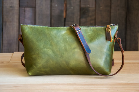 New Moss Green Eco-Tanned Leather Small Batch | The Mini-Zipper Moss Green Bag with Crossbody strap | Limited Edition