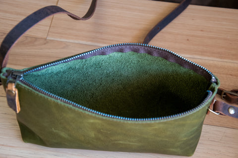 New Moss Green Eco-Tanned Leather Small Batch | The Mini-Zipper Moss Green Bag with Crossbody Strap | Limited Edition