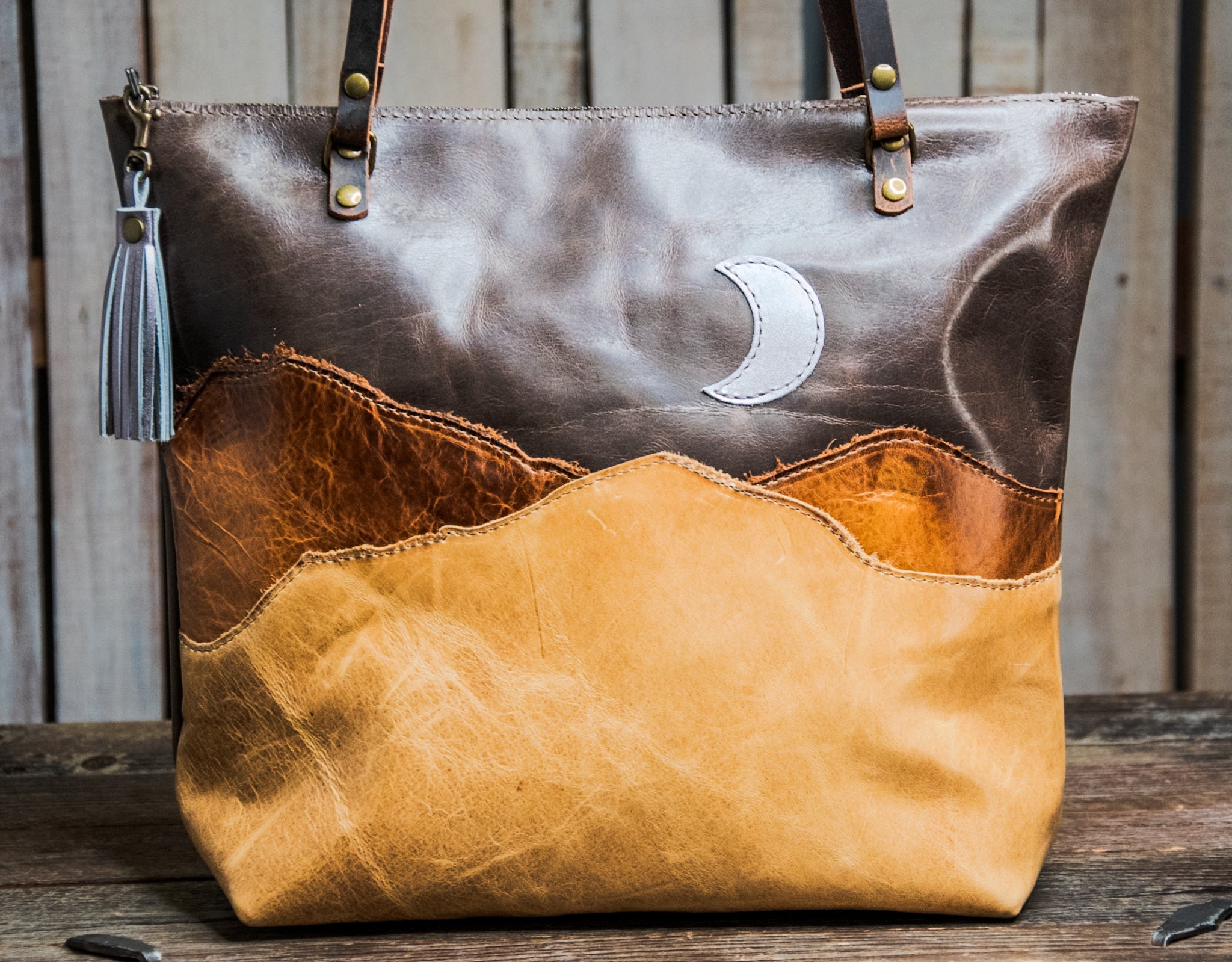 Ready to Ship | One of a kind | Handmade Leather Tote Bag | Medium Classic | Mountain Moon Patchwork | f20