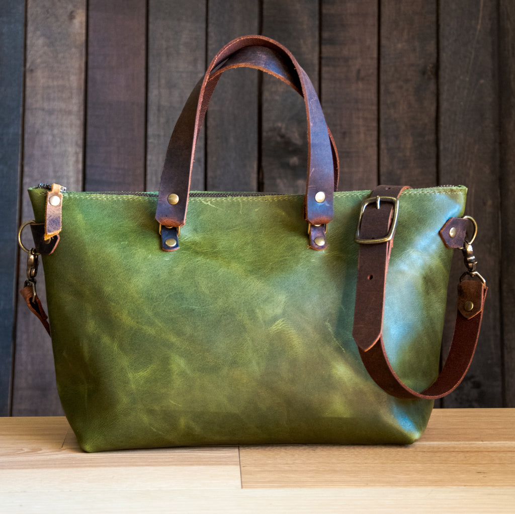 Small Batch ECO-TANNED Leather | Limited-Run Handmade Leather Purse in NEW Moss Green | Leather Tote Bag | The Bowler Bag | Small to Medium
