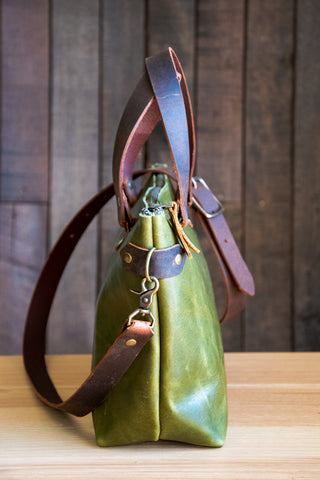 Small Batch ECO-TANNED Leather | Limited-Run Handmade Leather Purse in NEW Moss Green | Leather Tote Bag | The Bowler Bag | Small to Medium