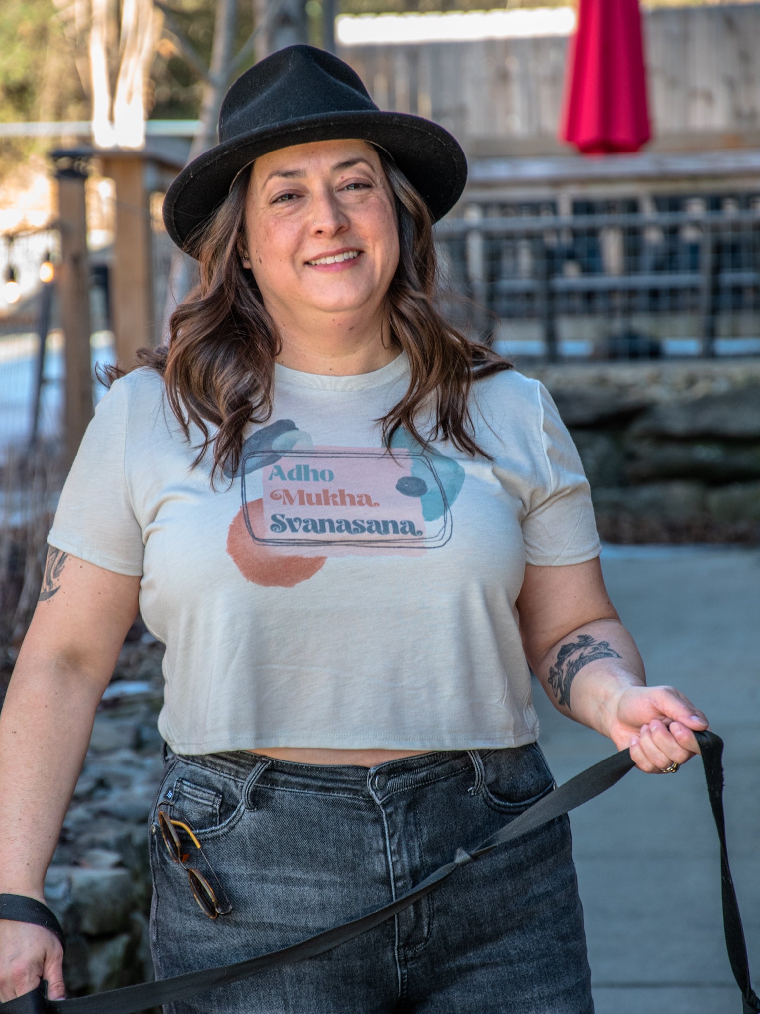 Handprinted T-shirt | Camp Blue | Downward Dog Yoga Tee | Oatmeal |  Flowy Crop