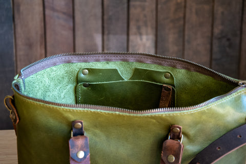 Small Batch ECO-TANNED Leather | Limited-Run Handmade Leather Purse in NEW Moss Green | Leather Tote Bag | The Bowler Bag | Small to Medium
