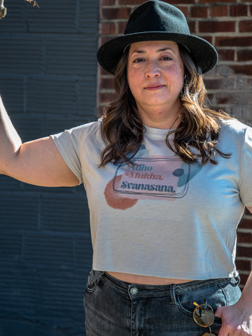 Handprinted T-shirt | Camp Blue | Downward Dog Yoga Tee | Oatmeal |  Flowy Crop