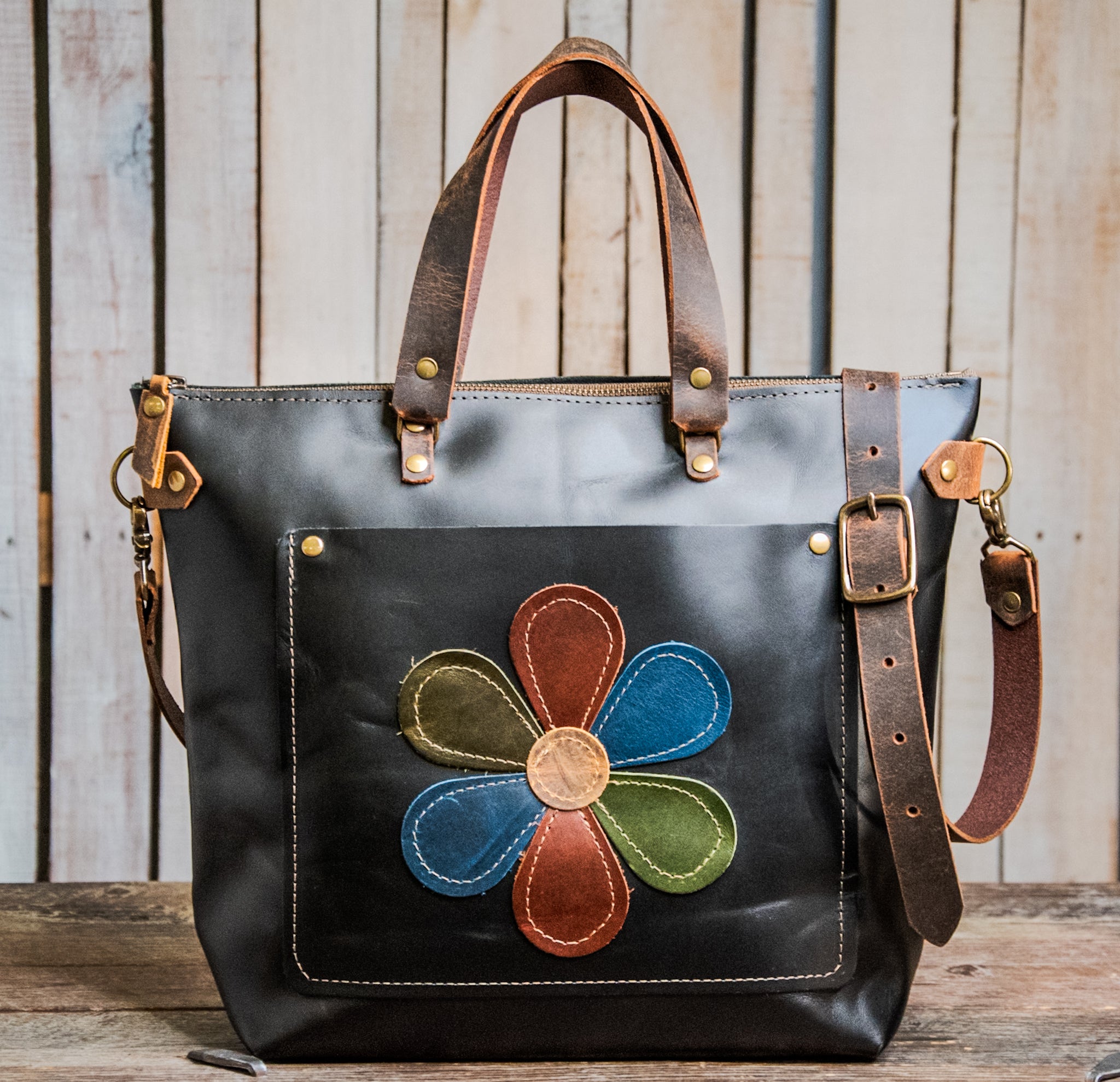 Ready to Ship | One of a kind | Handmade Leather Tote Bag | Medium Classic | The Black Flower Power Tote | F21