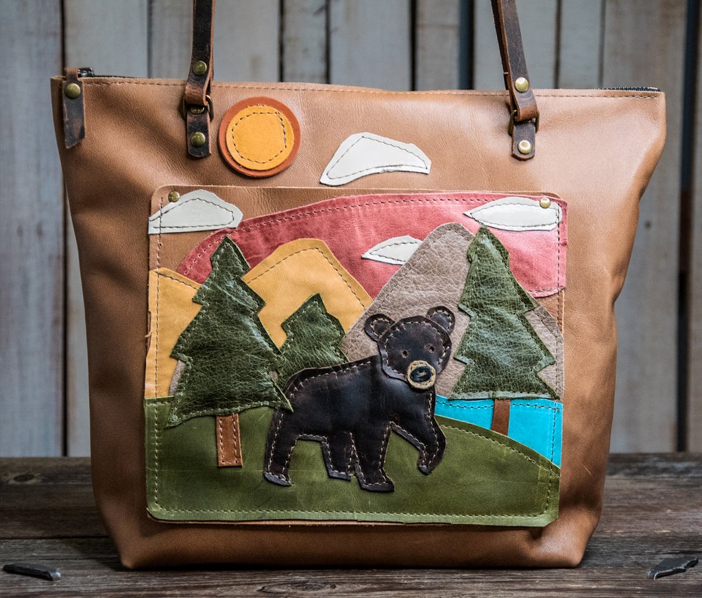 Ready to Ship | One of a kind | Handmade Leather Tote Bag | Medium Classic | The Mountains are Calling Bear Bag | f22