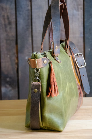 LIMITED-RUN | Handmade Leather Purse |The Striped Eco-Friendly BEE Bowler Bag | Moss Green