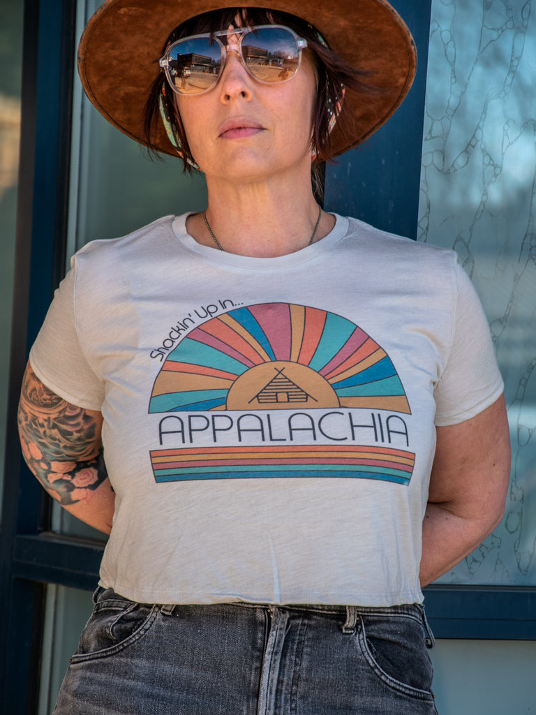 Handprinted T-shirt | Camp Blue | Shackin' Up In Appalachia | Oatmeal |  Flowy Crop