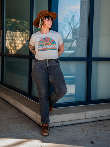 Handprinted T-shirt | Camp Blue | Shackin' Up In Appalachia | Oatmeal |  Flowy Crop