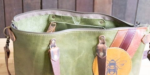 LIMITED-RUN | Handmade Leather Purse |The Striped Eco-Friendly BEE Bowler Bag | Moss Green