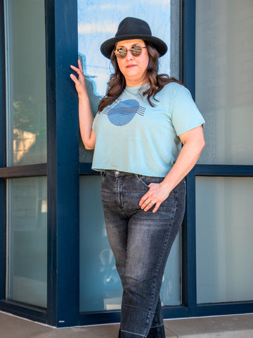 Handprinted T-shirt | Camp Blue | Water Has Memory | Dusty Blue |  Flowy Crop