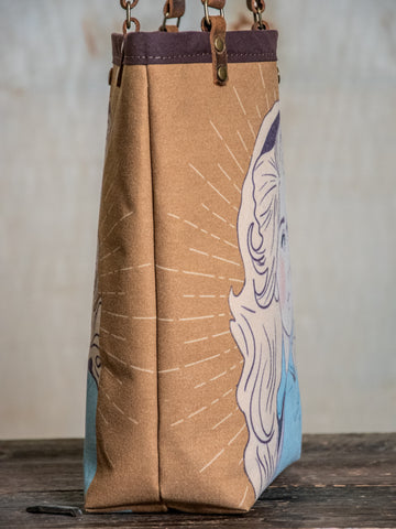 Ready to Ship | Canvas and Leather Tote Bag DOLLY | Handprinted | In Blue + Camp Blue collab