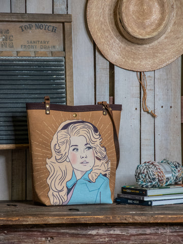 Ready to Ship | Canvas and Leather Tote Bag DOLLY | Handprinted | In Blue + Camp Blue collab