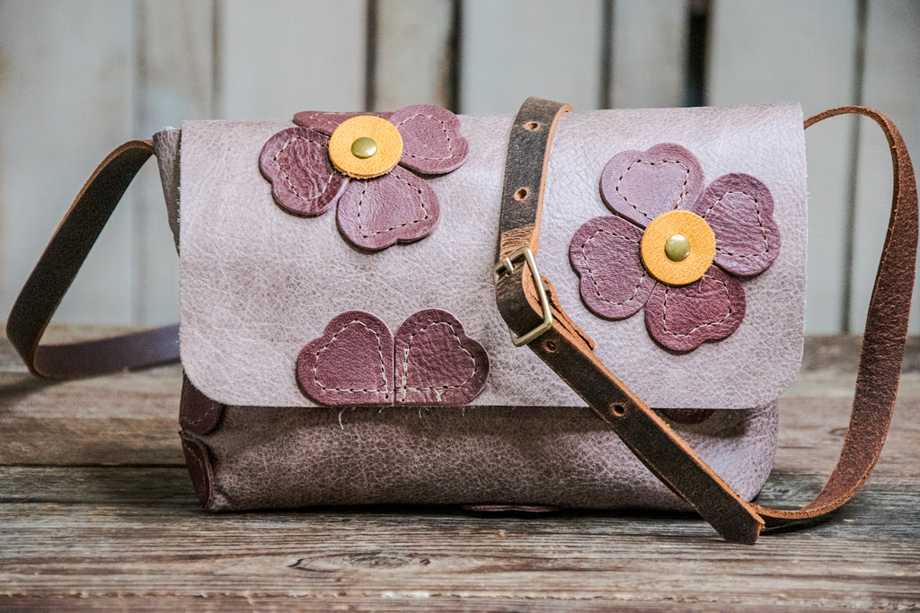 Ready TO Ship | One of a Kind | Handmade Leather Crossbody Bag Small | Mini Satchel | floral folk art applique | f16