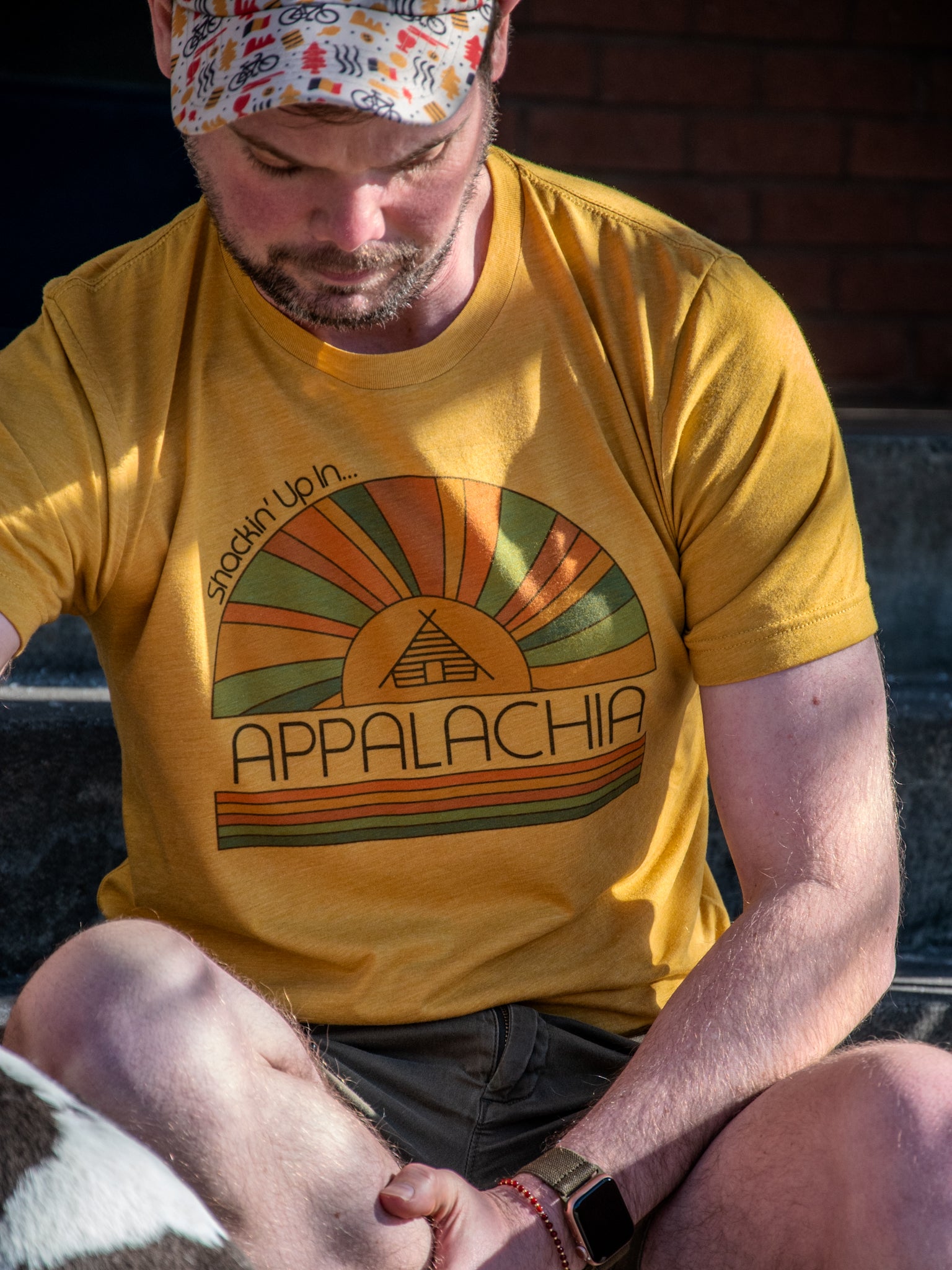 Handprinted T-shirt | Camp Blue | Shackin' Up in Appalachia | Unisex Tri-Blend Mustard Tee