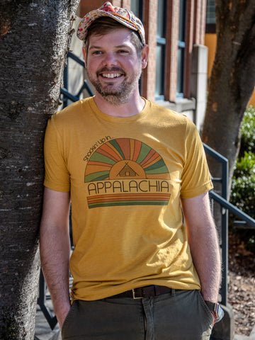 Handprinted T-shirt | Camp Blue | Shackin' Up in Appalachia | Unisex Tri-Blend Mustard Tee