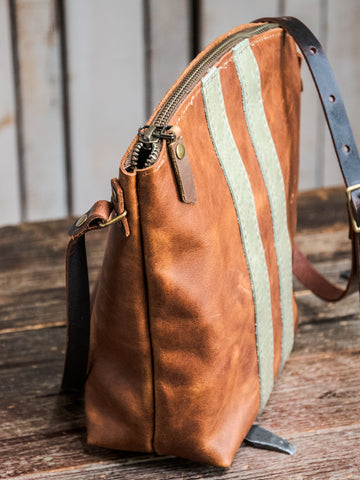 Small Zipper Tote| Nelson Crossbody Curved Purse | Chestnut & Sage