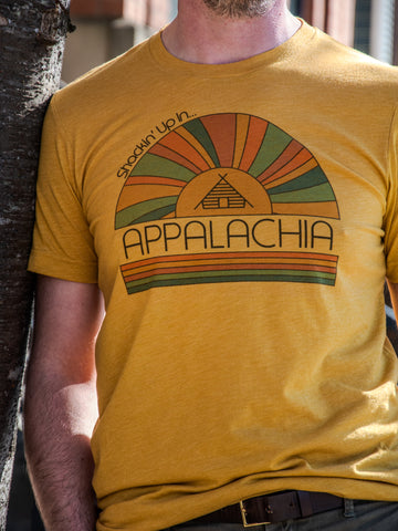 Handprinted T-shirt | Camp Blue | Shackin' Up in Appalachia | Unisex Tri-Blend Mustard Tee