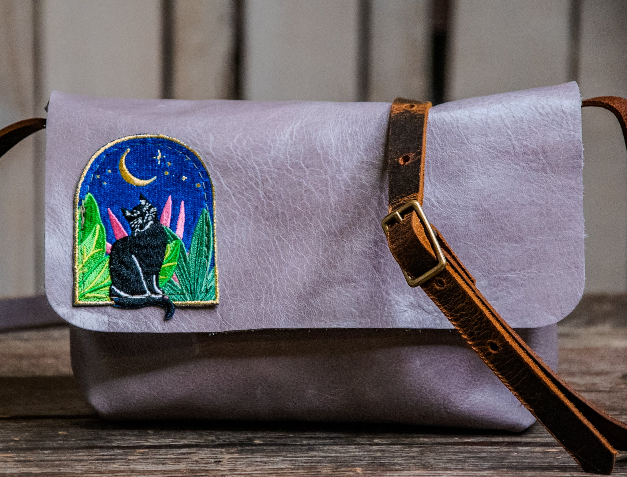 Ready TO Ship | One of a Kind | Handmade Leather Crossbody Bag Small | Mini Satchel | magic midnight cat patch | f14