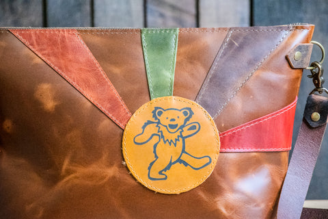 Limited Edition Handmade Leather Tote Bag | Icon Collection | The Grateful Dancing Bear Bowler | Medium Bag | Bourbon with Tassel