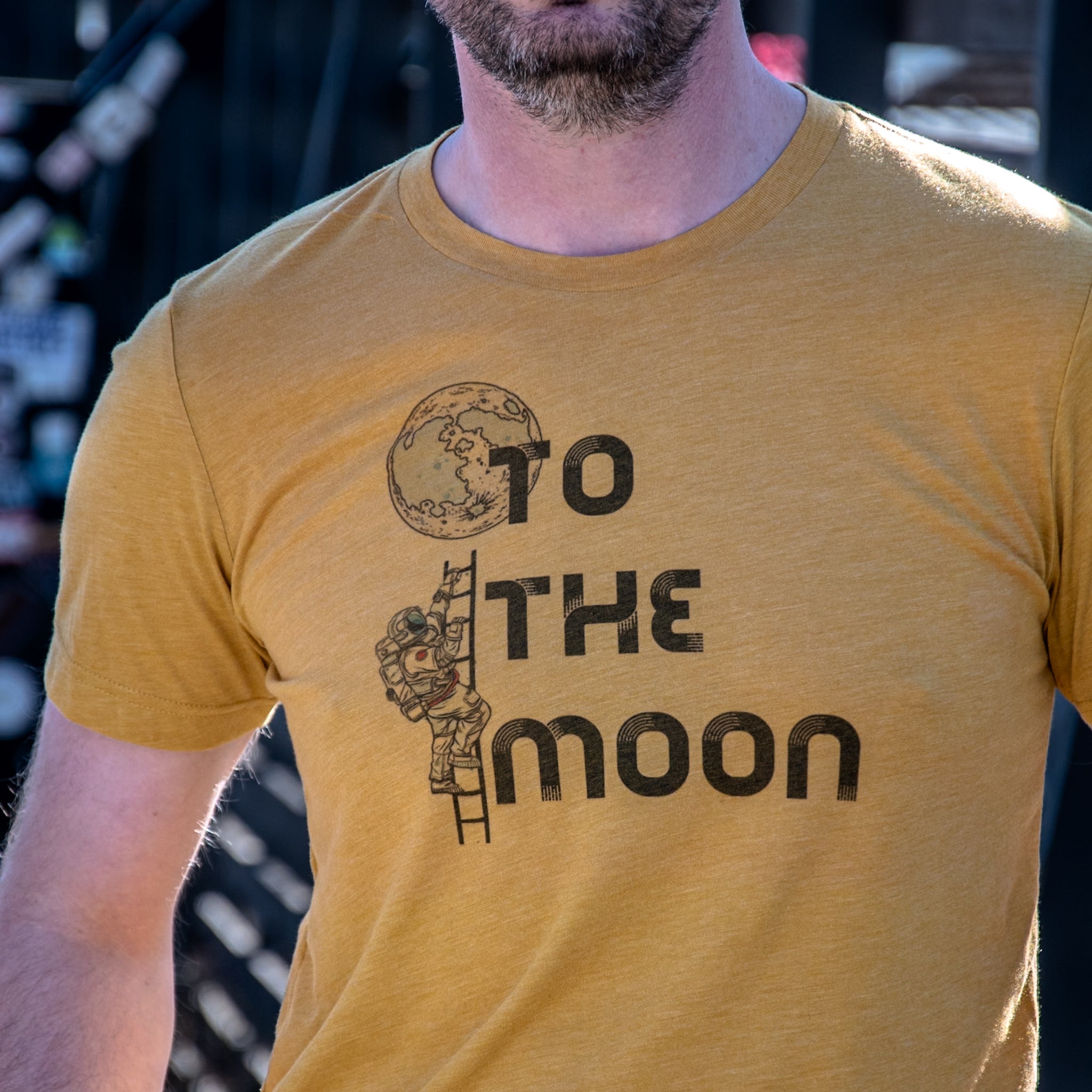 Handprinted T-shirt | Camp Blue | To the Moon! | Unisex Tri-Blend Mustard Tee