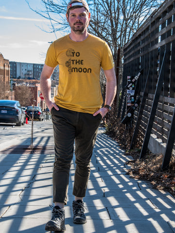 Handprinted T-shirt | Camp Blue | To the Moon! | Unisex Tri-Blend Mustard Tee