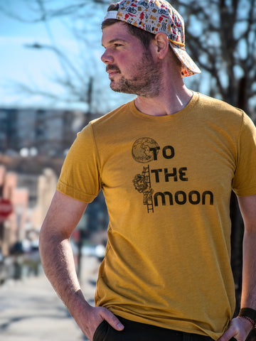 Handprinted T-shirt | Camp Blue | To the Moon! | Unisex Tri-Blend Mustard Tee