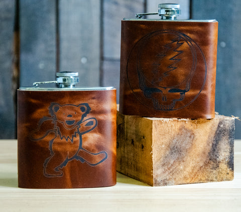 ICON SERIES GRATEFUL DEAD Personalized Leather Flask | Groomsmen Gift | Wedding Party | Bridesmaids Gift
