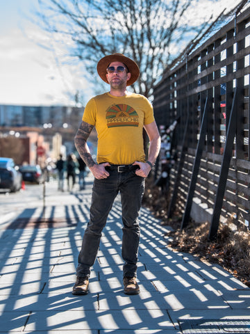 Handprinted T-shirt | Camp Blue | Shackin' Up in Appalachia | Unisex Tri-Blend Mustard Tee