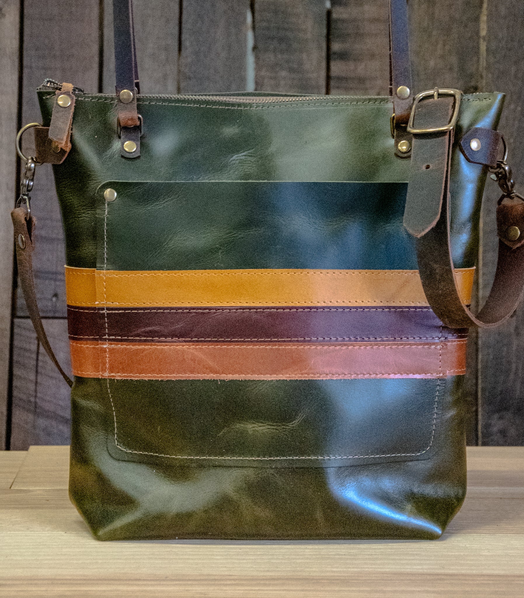 Limited Edition  | Striped North South Large Tote | LINED with Zipper | Jade Green