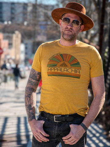 Handprinted T-shirt | Camp Blue | Shackin' Up in Appalachia | Unisex Tri-Blend Mustard Tee