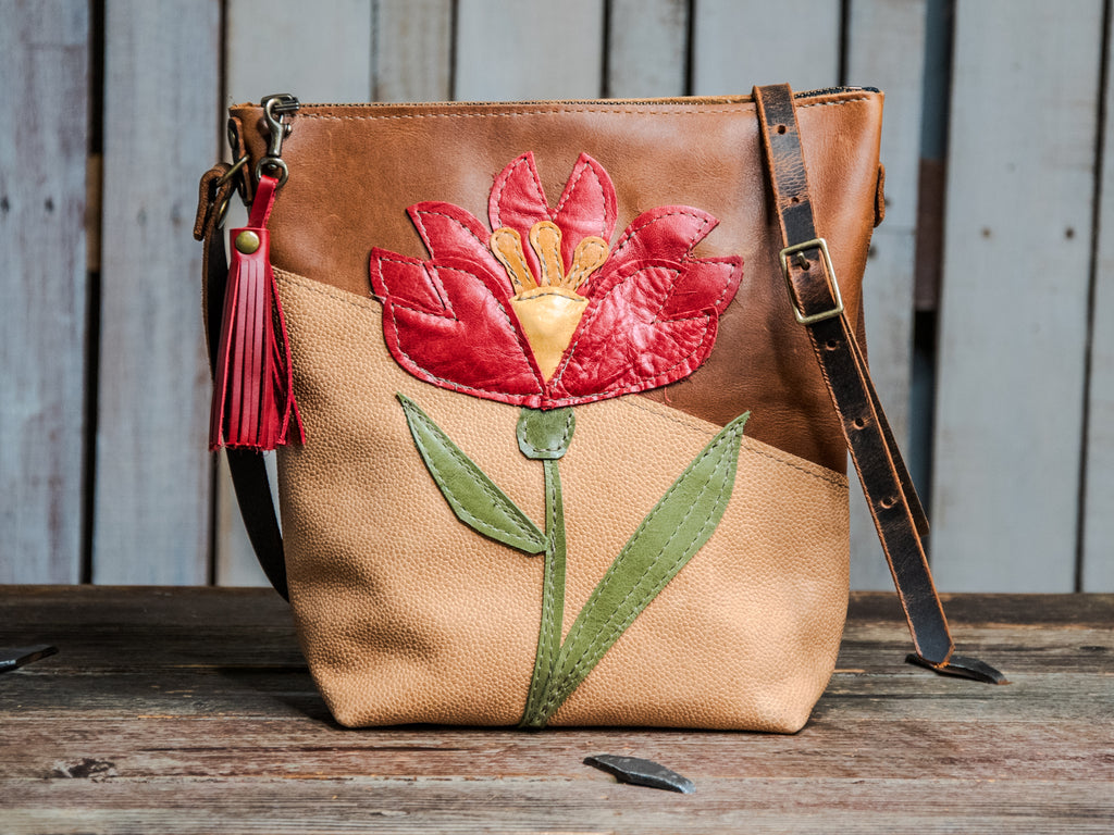 Ready to Ship | One of a Kind | Handmade Tote Leather Bag | Small North South Tote | The Belen floral folk art tote round 3 | o5