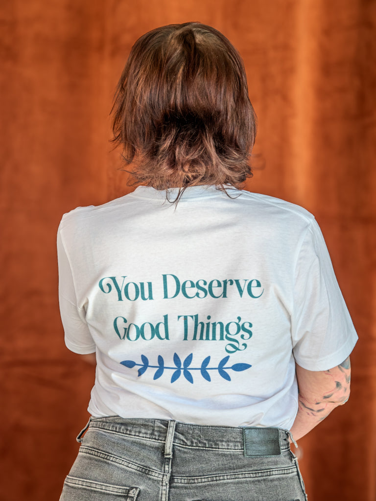 Handprinted T-shirt | Camp Blue | You Deserve Good Things | Unisex Eco-Friendly Tee