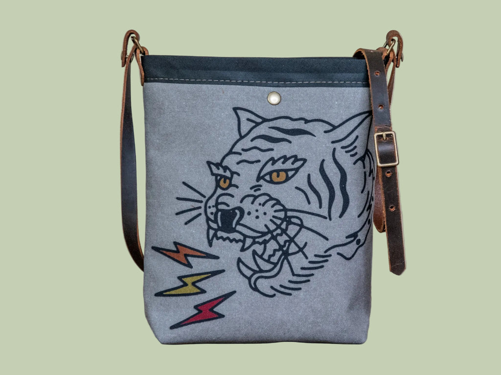 SMALL Canvas and Leather Tote Bag | Handprinted | Get 'em Tiger