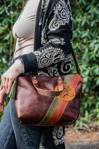 Limited Edition Handmade Leather Tote Bag | Icon Collection | The Grateful Dancing Bear STRIPED Bowler | Medium Bag | Mahogany with Tassel