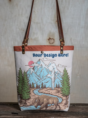 Design your own Custom Tote Bag!  | Canvas and Leather Tote Bag CUSTOM | Handprinted | In Blue + Camp Blue collab