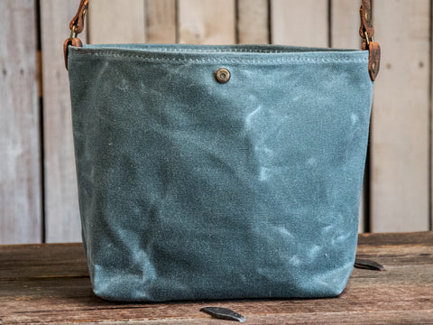 Closeout Sale | ready to ship  | SMALL minimalist Waxed Canvas tote | SLATE | Snap| Unlined