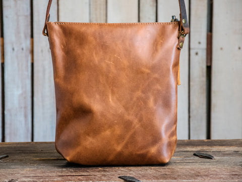 Handmade Tote Leather Bag | Small North South Tote | Chestnut Mountain to Ocean Mini