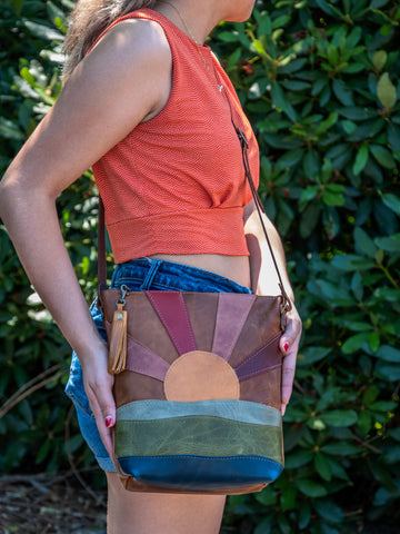 Handmade Tote Leather Bag | Small North South Tote | Chestnut Mountain to Ocean Mini